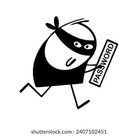 Virtual criminal has stolen password from  website or computer. Vector illustration of  stickman in  black mask running away with important information from  police. Isolated character on white.