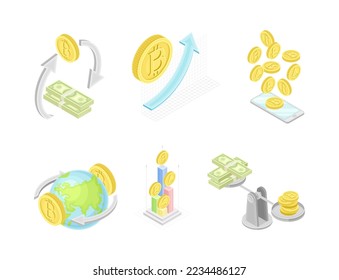 Virtual crypto currency symbols set. Digital money transferring, cryptocurrency exchange technology vector illustration
