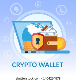 Virtual Crypto Wallet. Bitcoin Dollar Online Bank Banner Vector Illustration. Cryptocurrency Exchange. Internet Payment Financial Investment. Electronic Transaction Currency Rate Blockchain