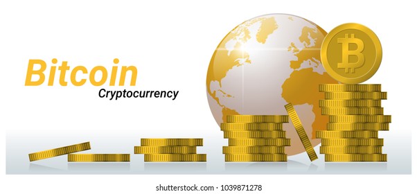 Virtual cryptocurrency concept with golden globe and bitcoin background , vector , illustration