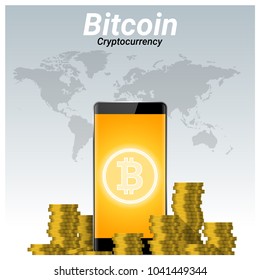 Virtual cryptocurrency concept with piles of golden bitcoin and smartphone background , vector , illustration