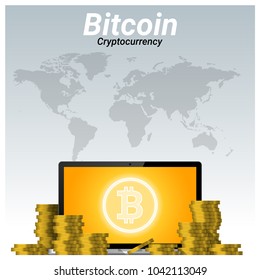 Virtual cryptocurrency concept with piles of golden bitcoin and laptop background , vector , illustration