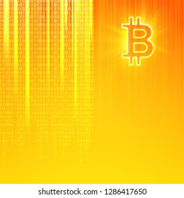 Virtual currency background. Cryptography currency symbol of bitcoin. Mining cryptocurrency. Abstract binary code on orange background of matrix style. Vector illustration.