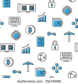 Virtual currency bitcoin mining seamless pattern blue icons with white background