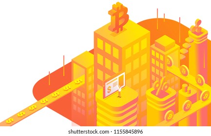 Virtual currency exchange concept with isometric illustration of cryptocurrency servers. Can used as web template design.