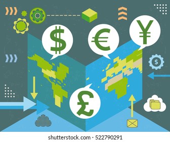 Virtual currency exchange inside open world map, concept with infographics elements and grunge texture.