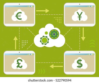 Virtual currency exchange inside tablets, concept with infographics elements and grunge texture.