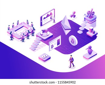 Virtual currency exchange platform, 3d illustration of people working togather, analyst analysis the data for responsive web template design.