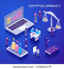 Virtual currency exchange rates, bit coin growth on laptop screen, computer hardware, blue background isometric vector illustration