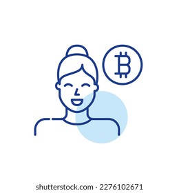 Virtual currency user. Smiling young woman with bitcoin symbol. Pixel perfect, editable stroke icon