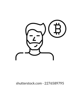 Virtual Currency-Benutzer. Lächelnder junger Mann mit Bitcoin-Symbol. Pixel perfektes, bearbeitbares Strichsymbol