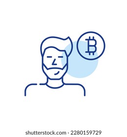 Virtual currency user. Smiling young man with bitcoin symbol. Pixel perfect, editable stroke line icon