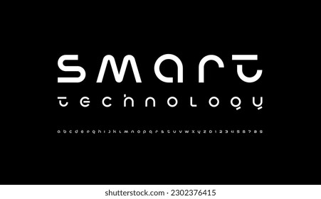 Virtual cyber font, digital alphabet made space future design, lowercase white Latin letters A-Z and Arab numerals 0-9 space style