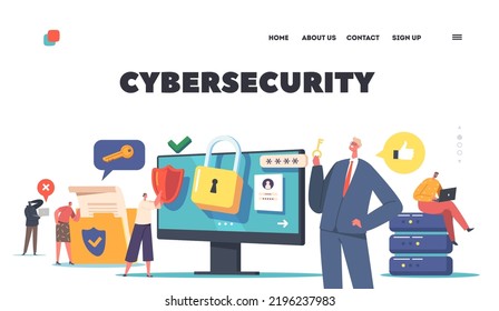 Virtual Cybersecurity Landing Page Template. Computer Privacy, Data Protection in Internet, Tiny Characters around of Huge Desktop with Shield and Lock on Screen. Cartoon People Vector Illustration