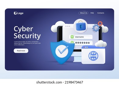 Virtual Cybersecurity Landing Page Template. Computer Privacy, Data Protection In Internet, Cyber Security Huge Desktop With Shield And Lock On Screen. 3D Render Cartoon Vector Illustration.