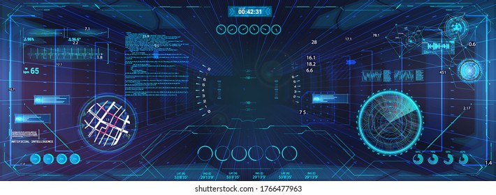 Virtual cyberspace for game with HUD and GUI interface graphic design. Sci-Fi virtual reality view from helmet. HUD and cyberpunk VR sight, radar, map navigation and other interface elements. Vector