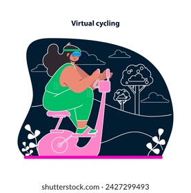 Virtual cycling. Pedal through scenic landscapes with VR biking. Experience outdoor trails from the comfort of home. A cardio journey in a digital world. Flat vector illustration.