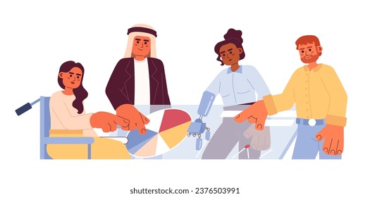 Virtual data analysis team cartoon flat illustration. Inclusive people teamwork working together 2D characters isolated on white background. Disabled colleagues inclusion scene vector color image