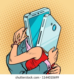 virtual date man and woman hugging. Loving couple. meeting via smartphone. Comic cartoon pop art retro vector illustration drawing