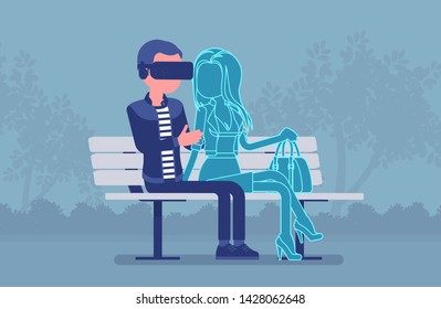 Virtual date in park. Man wearing VR headset meeting with not real woman, enjoy gaming system for entertainment, computer technology for simulated environment. Vector illustration, faceless characters