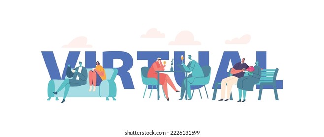 Virtual Date Poster. People Use Vr Technology for Dating. Male and Female Characters Wearing Augmented Reality Goggles Meet with Unreal Persons in Cyberspace. Cartoon Vector , Banner or Flyer