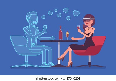 Virtual date in restaurant. Young woman wearing VR headset meeting with not real man, gaming system for entertainment, computer technology to create simulated environment. Vector illustration