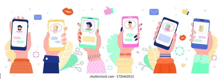 Virtual date and romantic chat on mobile devices, sketch vector illustration.