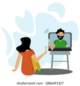Virtual date, social distance in romance, Valentine's day via video chat, a girl and a guy with a drink in his hand in flat style illustration