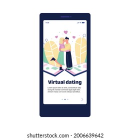 Plantilla de la aplicación virtual de citas con personajes de dibujos animados de hombres y mujeres abrazados. Diseño de páginas móviles en el tablero de la imagen de un vector plano aislado en el fondo blanco.