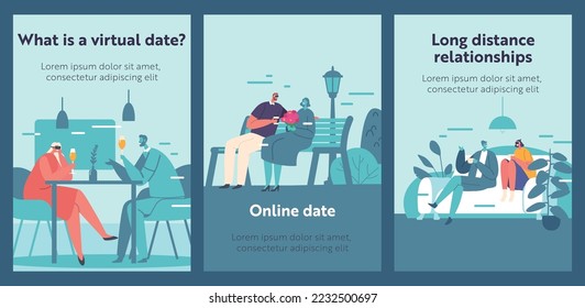 Virtual Dating Cartoon Banners. People Use Vr Technology for Date. Male and Female Characters Wearing Augmented Reality Goggles Meet with Unreal Persons in Cyberspace. Vector Illustration, Posters