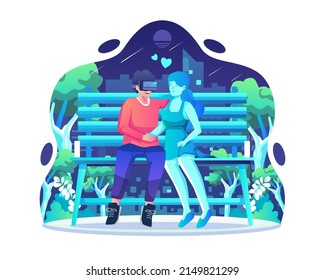 Virtual Dating Concept Illustration. Ein Mann mit einem VR-Headset auf einem Date mit einer weiblichen Figur, eine virtuelle Frau in einem Park. Flache Vektorgrafik