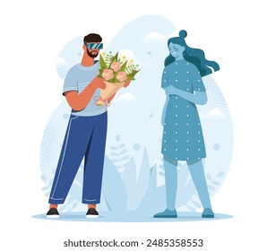 Virtual dating concept. Man in virtual reality glasses gives bouquet to young girl. Guy in headset in metaverse or cyberspace. Love and romance, date simulation. Flat vector illustration