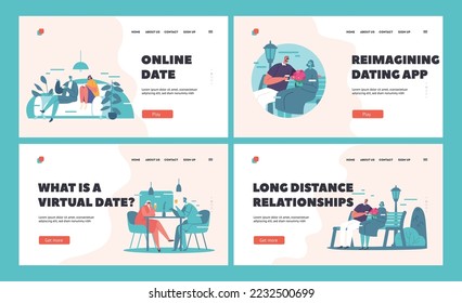 Virtual Dating Landing Page Template Set. People Use Vr Technology for Date. Male and Female Characters Wearing Augmented Reality Goggles Meet in Cyberspace. Cartoon Vector Illustration