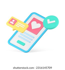 La cuenta de usuario de la aplicación para smartphone de citas virtuales crea una ilustración vectorial de icono 3d completa de registro. Fecha de realización del servicio digital de datos de verificación de perfiles de aplicaciones móviles