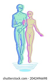 Virtuelle Dating-Vektorgrafik, futuristische Online-Datumsimulation mit Avatar-männlicher und weiblicher Vektorgrafik   