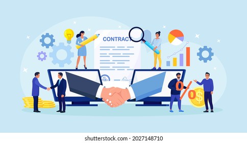 Virtual deal with distant agreement. Businessmen talk through computer and shake hands. Online communication and business meeting, video call. Remote conclusion of the transaction, signing contract