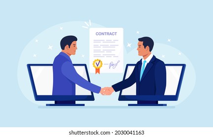 Virtual deal with distant agreement. Businessmen talk through computer and shake hands. Online communication and business meeting, video call. Remote conclusion of the transaction, signing contract