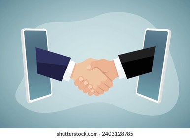 Virtual deal with distant agreement. Businessmen shake hands through phone. Online communication and business meeting, video call. Remote conclusion of the transaction, signing contract.