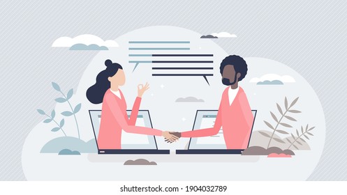 Virtual deal with distant online agreement handshake tiny person concept. Working from home communication using internet for business meetings and remote services collaboration vector illustration.
