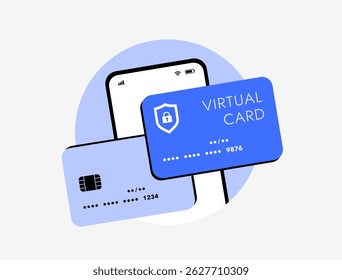 Tarjeta de débito virtual para pagos digitales, débito en línea y métodos de pago virtual en Ilustración vectorial de estilo moderno. Número de tarjeta de crédito anónimo para pagos seguros por Internet