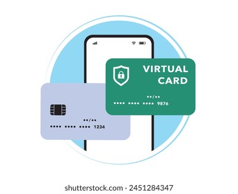 Virtual debit card - secure payments online and abroad. Instantly generated 16-digit card numbers for safe transactions, protecting financial. Temporary or anonymous card number. Isolated vector icon