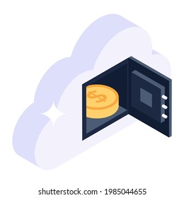 Virtual Deposit Vault, Isometric Icon Of Cloud Locker 