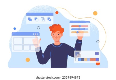 Virtual designer at workplace concept. Man choose colors for website or application. Young guy with palette. Graphic designer and freelancer create interface. Cartoon flat vector illustration