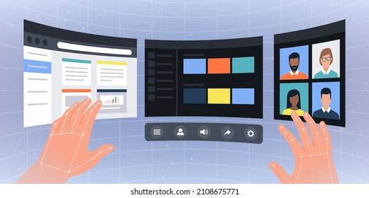 Virtual desktop screens with interactive user interface: VR and digital virtual workspace concept