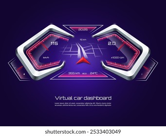 Concepto digital virtual del tablero de instrumentos del coche. Interfaz del vehículo HUD con modo de navegación. Panel de control iluminado de neón de un automóvil con velocímetro, tacómetro, navegador virtual, etc. Ilustración vectorial.