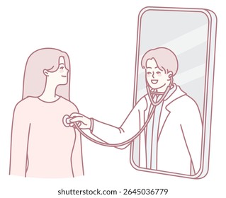 A virtual digital consultation showcasing a doctor skillfully using a stethoscope through a smartphone screen