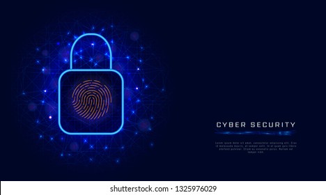 Virtual or digital data protection by biometric fingerprint scan. Cyber security concept with lock. Futuristic technology. Vector illustration