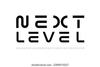 Tipo de letra digital virtual, diseño de espacio hecho con alfabeto cibernético hecho estilo futurismo, letras latinas en mayúscula negra A-Z y números árabes estilo de espacio 0-9, ilustración vectorial 10EPS