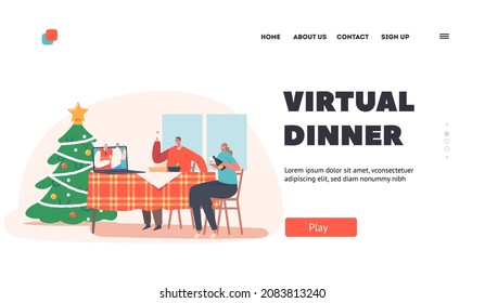 Virtual Dinner Landing Page Template. Christmas Party Online, Family Celebrate Xmas Remotely. Distant Holiday Celebration, Xmas Or New Year During Lockdown. Cartoon People Vector Illustration