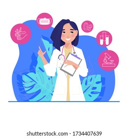  Virtual doctor app flat illustration. Mobile consultation, smart medical assistance. family doctor, Modern telemedicine,  doctor's appointment, patient's medical history, tests